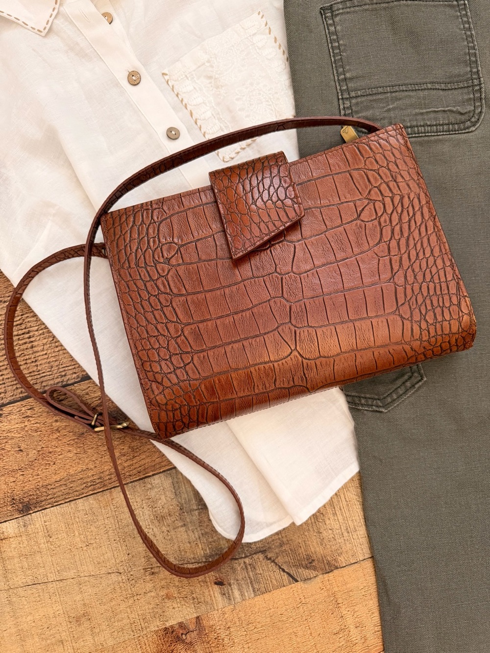 Liz Claiborne Brown Croc-Embossed Leather Crossbody Bag